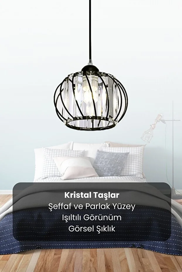 Quattro Model Siyah Renk Kaplama Metal Kristal Taşlı Salon Oturma Odası Tavan Sarkıt Avize